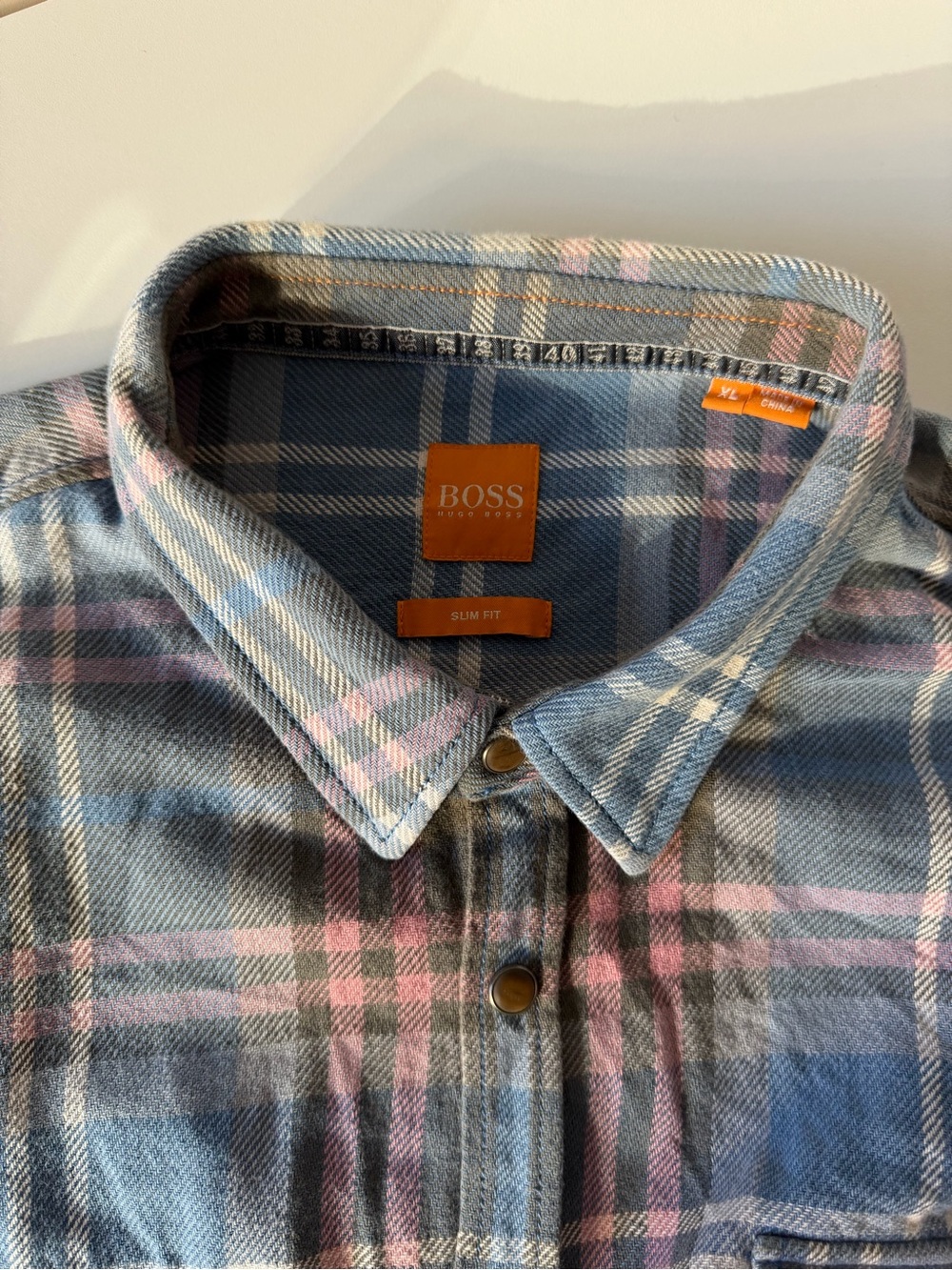 Hugo BOSS ORANGE Blue Pink Plaid Tartan Slim Fit Flannel Button-Down Shirt XL